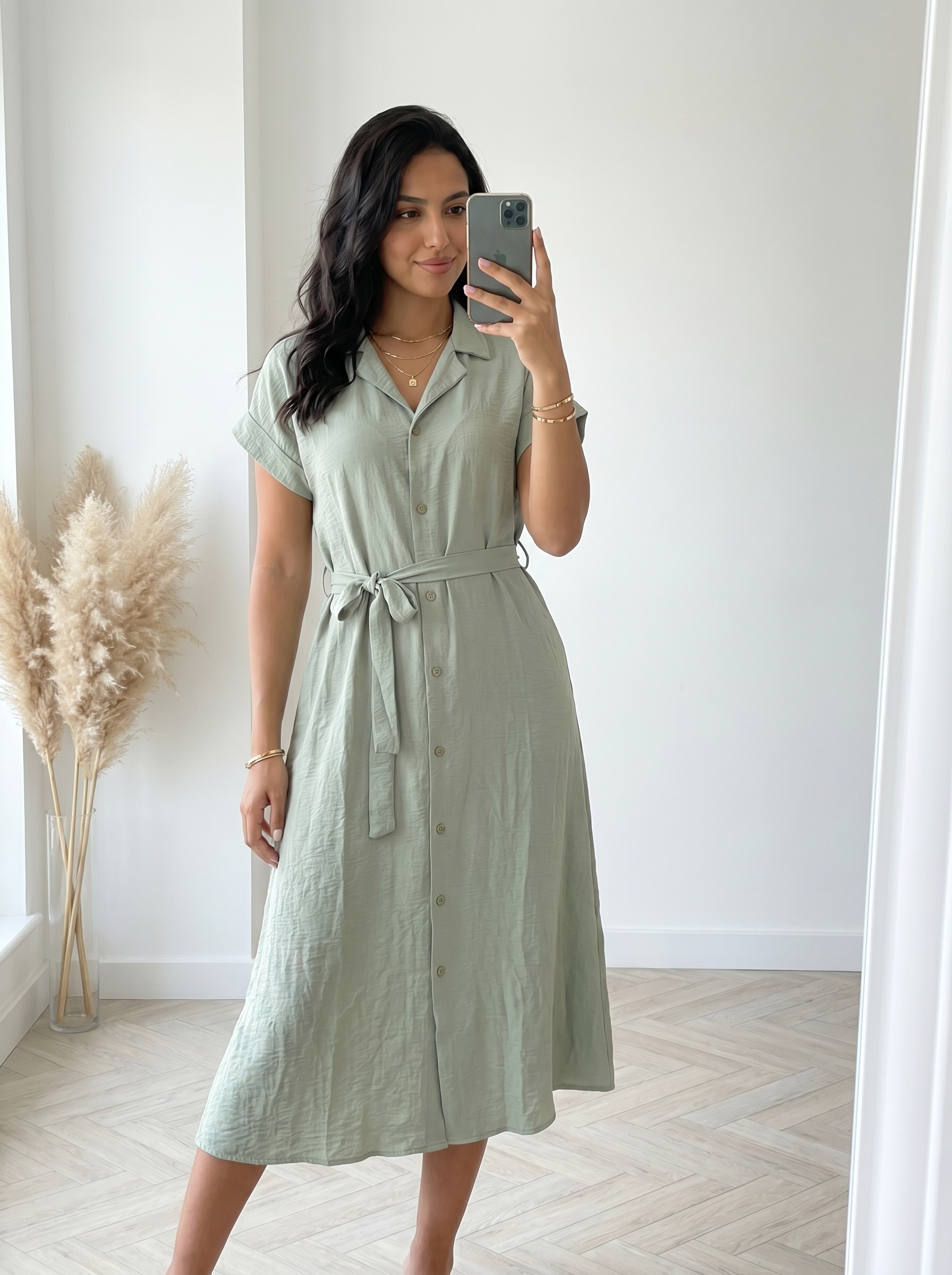Robe chemise lin vert sauge - miroir