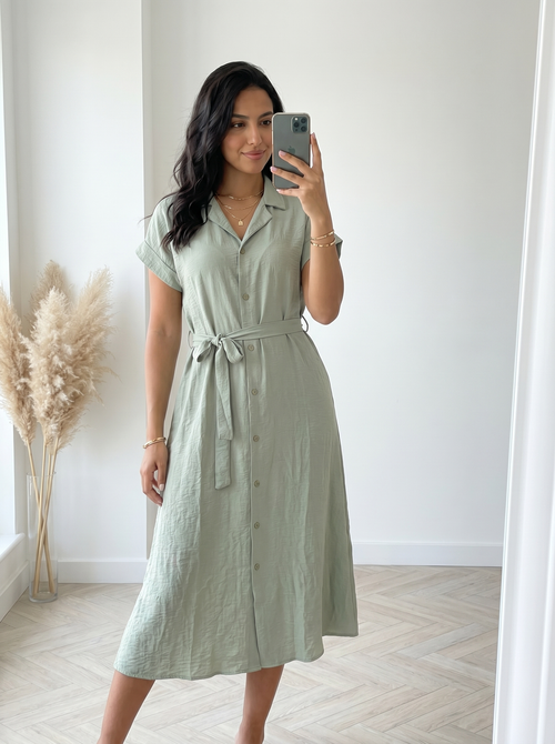 Robe chemise lin vert sauge - miroir