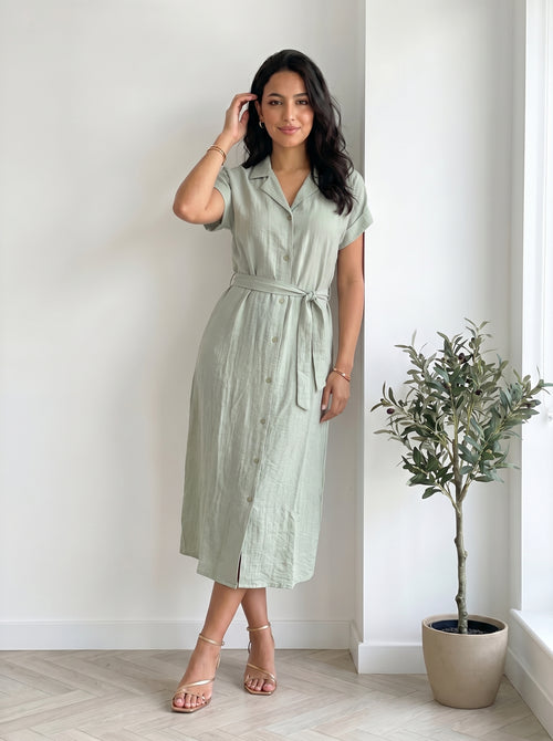 Robe chemise lin vert sauge - plein pied