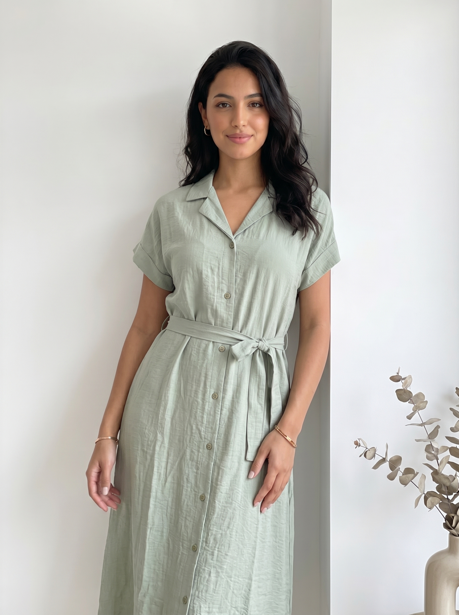 Robe chemise lin vert sauge - trois quarts