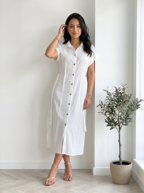 Robe chemise lin blanc - plein pied