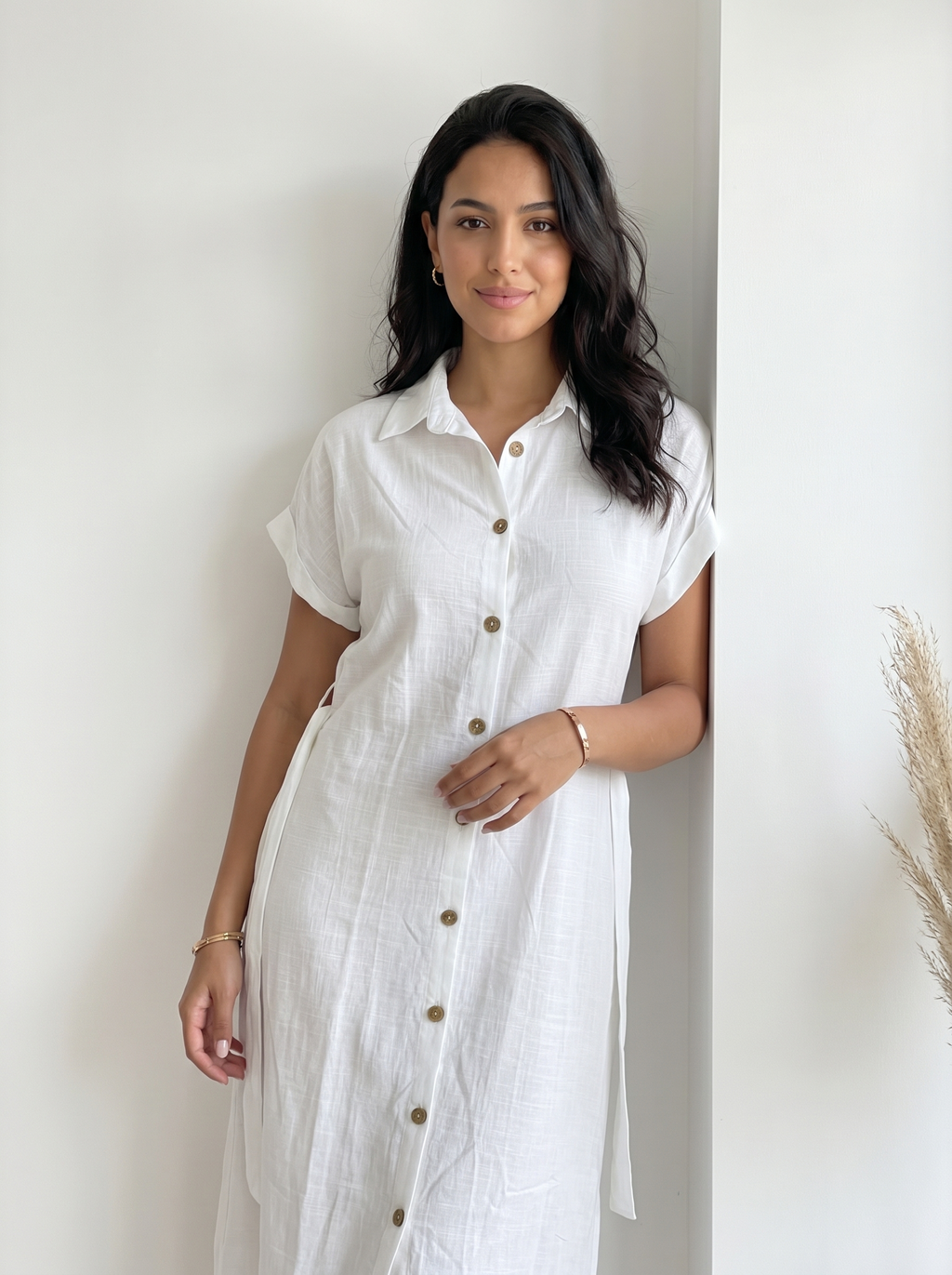 Robe chemise lin blanc - trois quarts