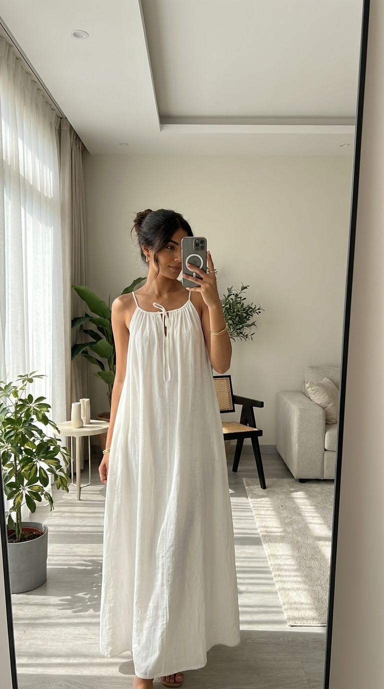 Robe Longue Fluide blanche - selfie miroir