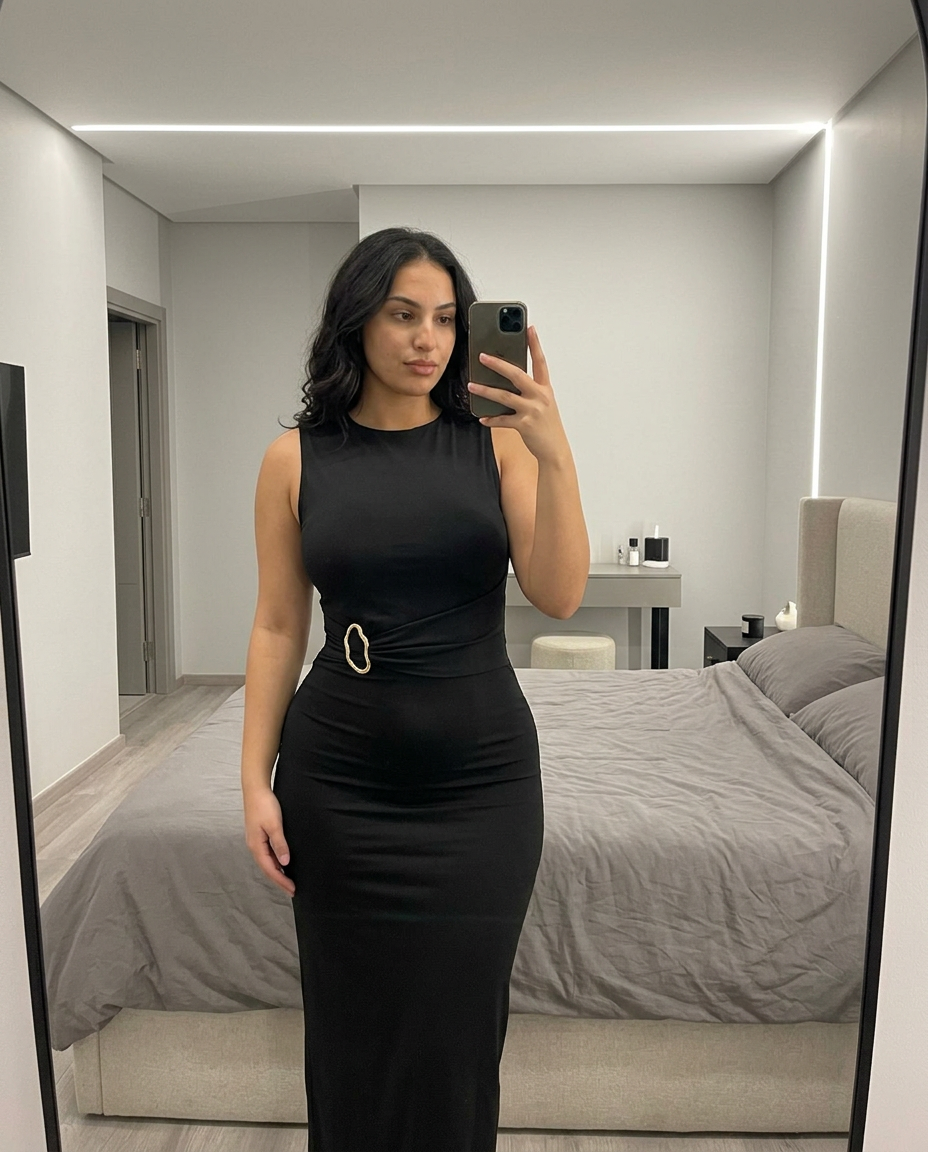 Robe longue ajustée noire selfie miroir